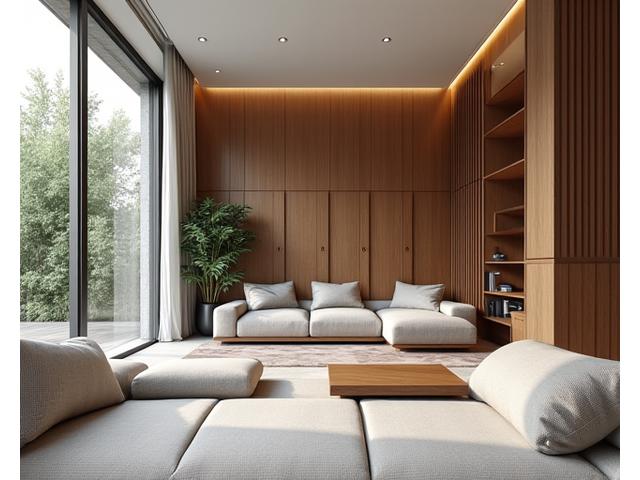 Interieur met op maat gemaakte houten lambrisering en inbouwkast