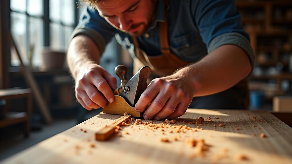 Meubelmaker die hout bewerkt met traditionele gereedschappen